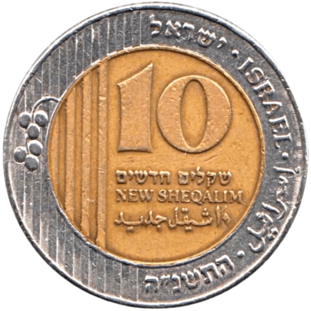 מטבע עשרה שקלים חדשים משני סוגי מתכת עם הספרה עשר ואשכול ענבים
