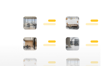 תצוגת כרטיסים מציגה תמונות של חללי עבודה ומשרדים מודרניים עם פסי הדגשה צהובים