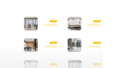 תצוגת כרטיסים מציגה תמונות של חללי עבודה ומשרדים מודרניים עם פסי הדגשה צהובים