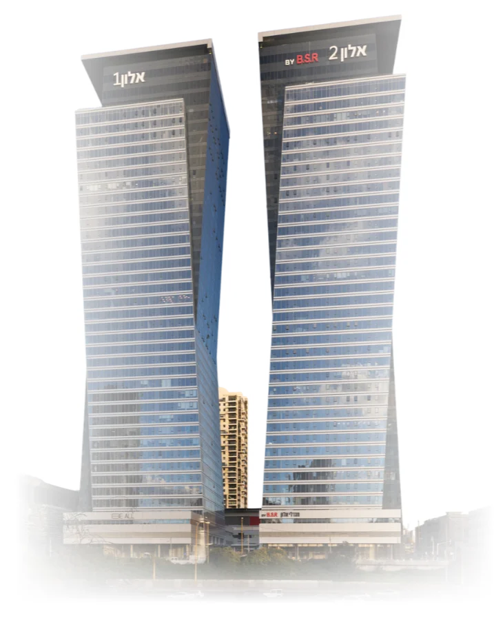 שני מגדלי משרדים גבוהים עם חזיתות זכוכית וקווי צד מתעגלים