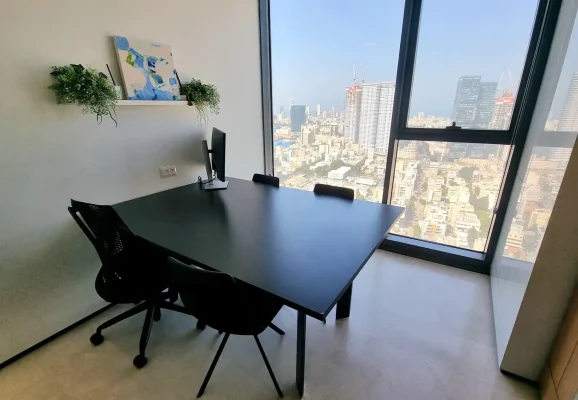חדר ישיבות קטן עם שולחן שחור מסך מחשב ומדף עם צמחים מול נוף עירוני